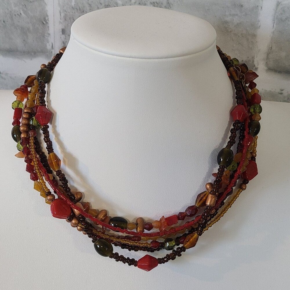 Multi Strand Glass Bead Choker Necklace Autumn Tones Red Brown Gold Boho